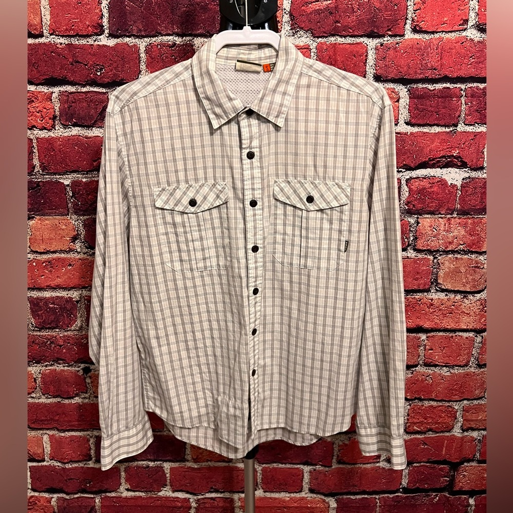 Howler Brothers Rare Casual Vented Button Up Shirt, Dove Gray and White, Small